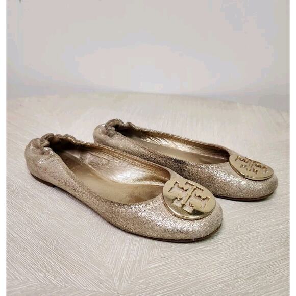 Tory Burch Shoes - TORY BURCH 'Minnie' Travel Ballet Flat Royal Mettalic Gold Glitter Logo Sz 6M